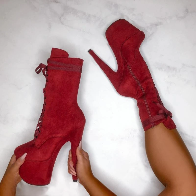 Hella Heels High BabyDoll 7inch Boots - Dark Red 5 Hella Heels High BabyDoll 7inch Boots - Dark Red - Image 3