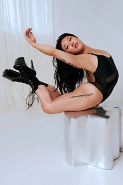 CXIX Silhouette One-Piece Bodysuit - Black With Black Mesh -Underwear General Store Black CXIX Silhouette Mesh bodysuit dance poledance