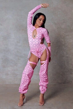 CXIX 119 Plunge Bodysuit - Pink Print 17 CXIX 119 Plunge Bodysuit - Pink Print -Underwear General Store Bodysuit Monogram Dancewear Fashion Pink 1