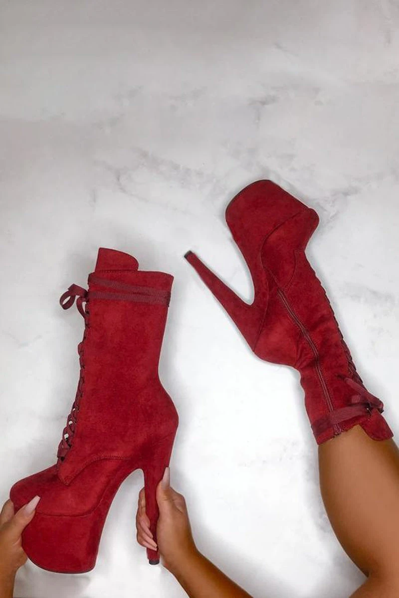 Hella Heels High BabyDoll 7inch Boots - Dark Red 3 Hella Heels High BabyDoll 7inch Boots - Dark Red