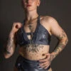 Tatiana Activewear Faye Top - Shiny Gunmetal -Underwear General Store TatianaActive FayeGunmetalGreyBlueMetallicHighWaistedPoleWearDancingSet 6003